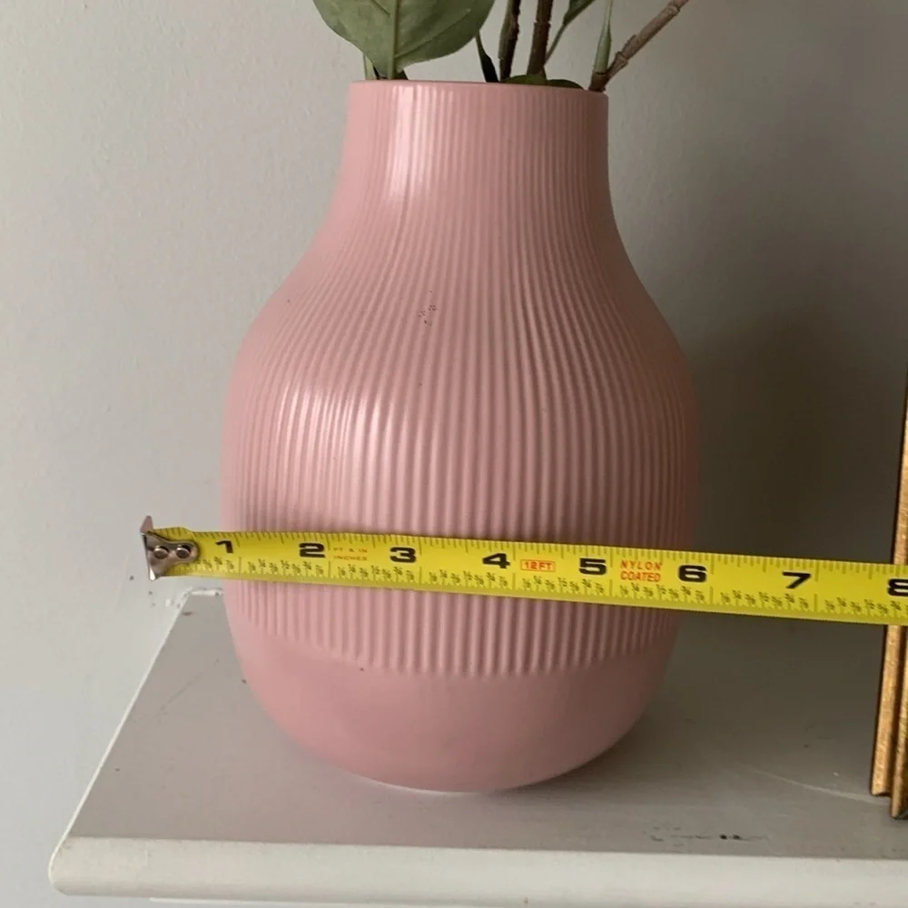 Ikea Gradvis MCM Vase‎ 9” Tall Light Pink Glazed Ribbed Modern Stoneware